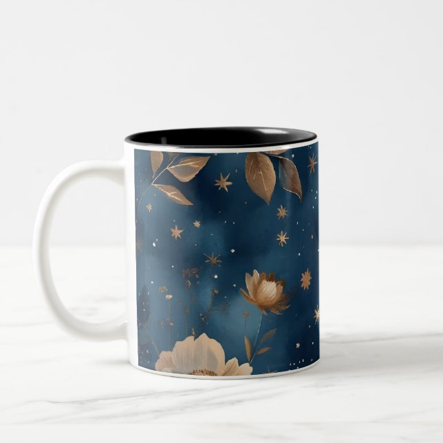 Stars And Flowers Floral Patterns Design Two-Tone Coffee Mug (Left)