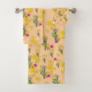 Stars And Flowers Pale Peach  Bath Towel Set