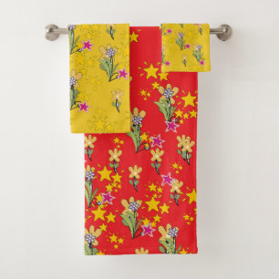 Stars And Flowers Red Yellow  Bath Towel Set
