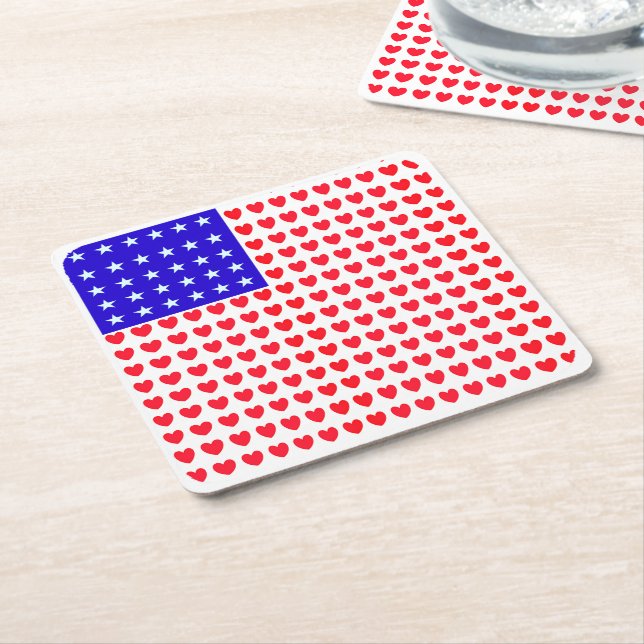 Stars and Hearts Flag Square Paper Coaster (Angled)