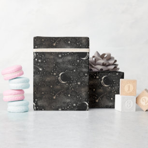 Stars and Moon Celestial Mystical Black Night Wrapping Paper