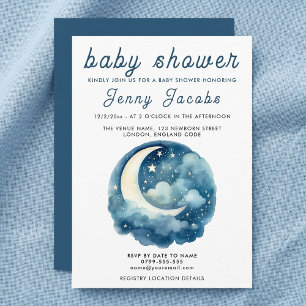 Stars and moon dreamy baby shower blue invitation