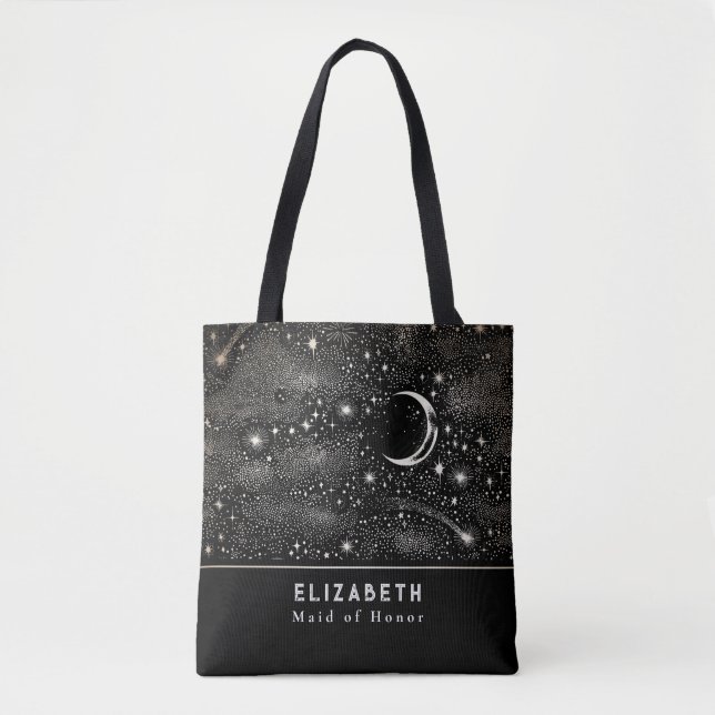 Stars and Moon Starry Night Celestial Black Tote Bag (Front)