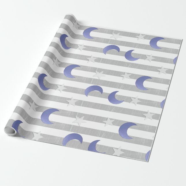 Stars and Moons Grey and Blue Wrapping Paper (Unrolled)