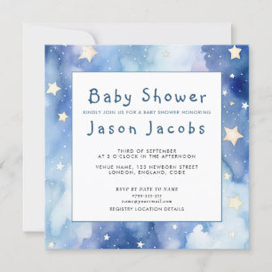 Stars and night sky baby shower blue invitation