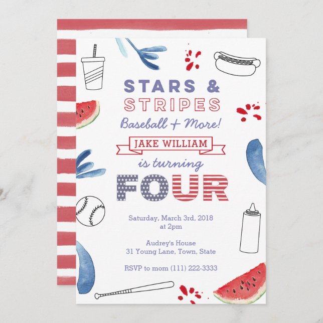 Stars and Stripes 4th Birthday Baseball Party Invitation (Front/Back)