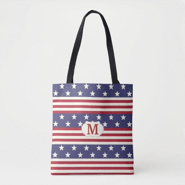 Stars and Stripes American Flag Patriotic Monogram Tote Bag (Front)