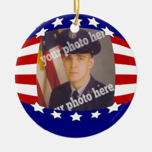 Stars and Stripes Patriotic Custom Photo Red White Ceramic Tree Decoration