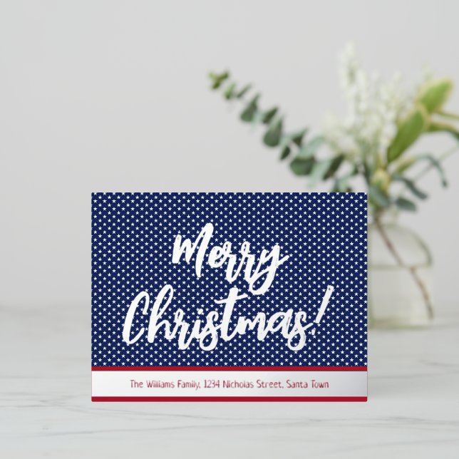 Stars and Stripes Silver Script Merry Christmas Foil Holiday Postcard (Standing Front)