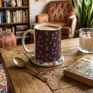 Stars at Night Magical Moon in Burgundy and Coral Coffee Mug