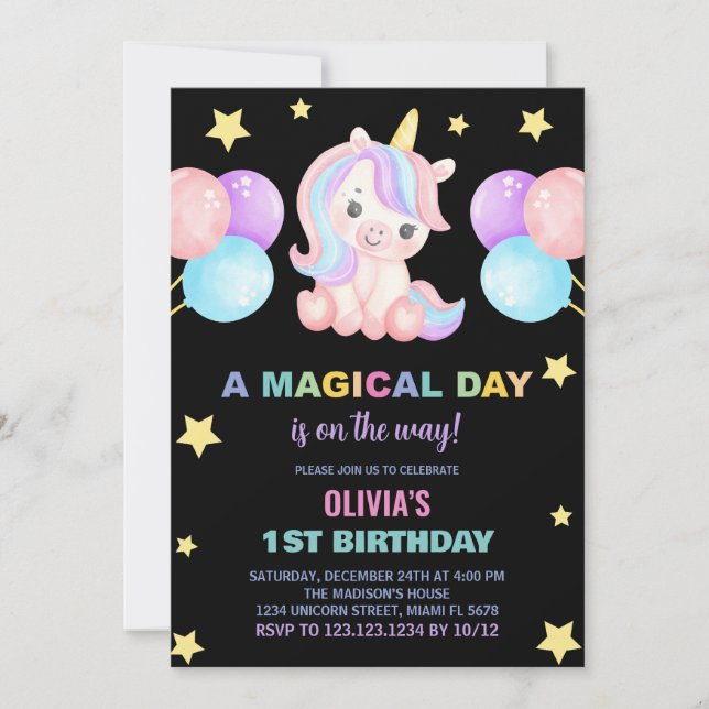 Stars Ballons Unicorn Birthday Invitations (Front)