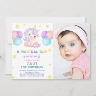 Stars Ballons Unicorn Birthday Invitations photo