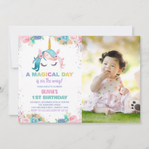 Stars Ballons Unicorn Birthday Invitations photo