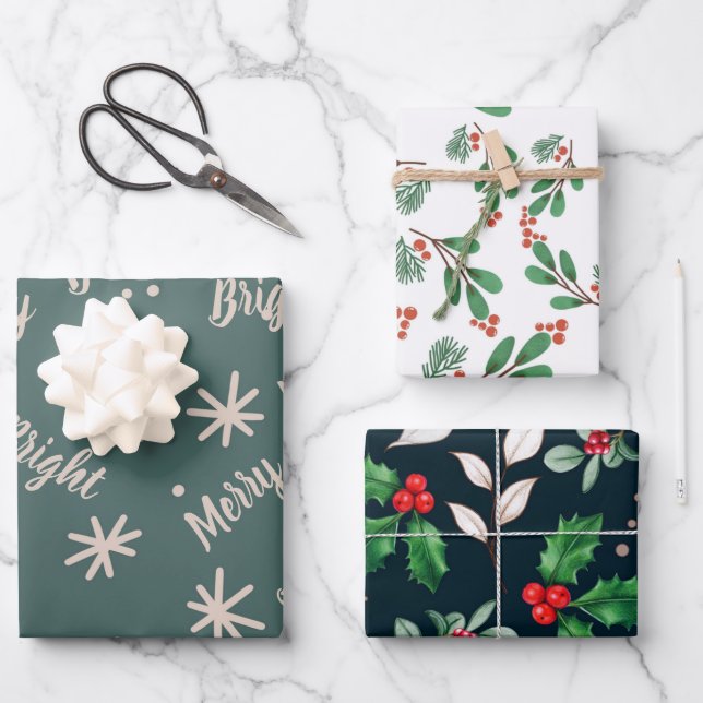 Stars, Berries Wrapping Paper Flat Sheet Set of 3 (Front)