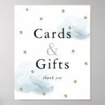 Stars Blue Clouds Baby Shower Cards & Gifts Sign<br><div class="desc">This cute boy baby shower cards & gifts sign / poster features a white background with faux gold glitter stars and fluffy blue clouds. Change the background colour and personalise it for your needs. You can find matching products at my store.</div>