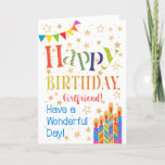 Stars, Bunting, Candles for Girlfriend Birthday Card<br><div class="desc">A colourful, text-based Birthday Card for a Girlfriend, with Polka Dot Bunting, bright, striped birthday cake candles and sprinkled with gold-effect stars. The patterned text says, 'Happy Birthday' and there is also 'Have a wonderful day!' in blue lettering (NB the gold effect stars and outlines will be as seen and...</div>