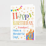 Stars, Bunting, Candles for Grandson Birthday Card<br><div class="desc">A colourful, text-based Birthday Card for a Grandson, with Polka Dot Bunting, bright, striped birthday cake candles and sprinkled with gold-effect stars. The patterned text says, 'Happy Birthday' and there is also 'Have a wonderful day!' in blue lettering (NB the gold effect stars and outlines will be as seen and...</div>