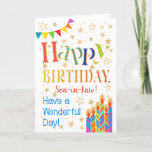 Stars, Bunting, Candles for Son-in-Law Birthday Card<br><div class="desc">A colourful, text-based Birthday Card for a Son-in-Law with Polka Dot Bunting, bright, striped birthday cake candles and sprinkled with gold-effect stars. The patterned text says, 'Happy Birthday' and there is also 'Have a wonderful day!' in blue lettering (NB the gold effect stars and outlines will be as seen and...</div>