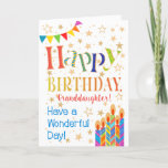 Stars, Bunting, Candles Granddaughter Birthday Card<br><div class="desc">A colourful, text-based Birthday Card for a Granddaughter, with Polka Dot Bunting, bright, striped birthday cake candles and sprinkled with gold-effect stars. The patterned text says, 'Happy Birthday' and there is also 'Have a wonderful day!' in blue lettering (NB the gold effect stars and outlines will be as seen and...</div>