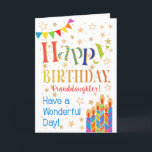 Stars, Bunting, Candles Granddaughter Birthday Card<br><div class="desc">A colourful, text-based Birthday Card for a Granddaughter, with Polka Dot Bunting, bright, striped birthday cake candles and sprinkled with gold-effect stars. The patterned text says, 'Happy Birthday' and there is also 'Have a wonderful day!' in blue lettering (NB the gold effect stars and outlines will be as seen and...</div>