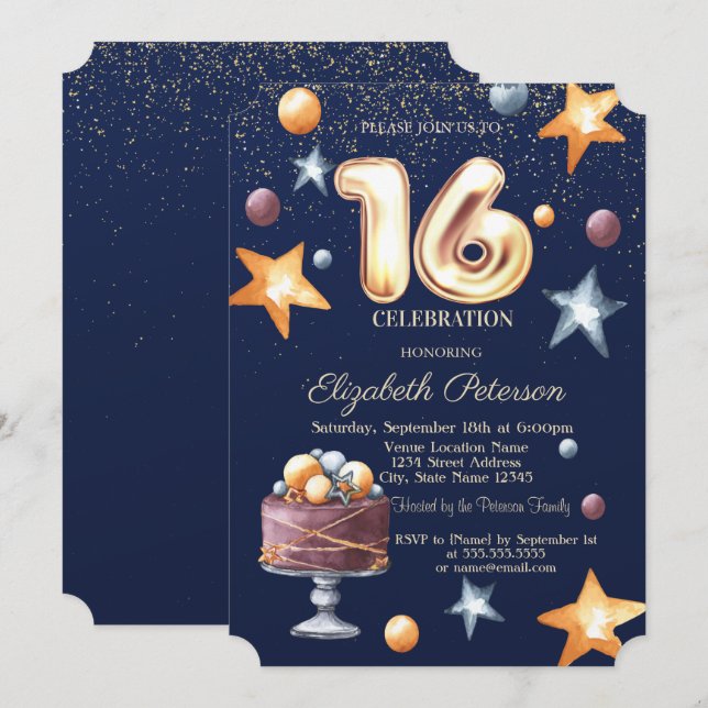 Stars Cake Confetti Sweet 16 Party Invitation (Front/Back)