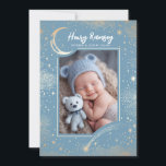 Stars Celestial Cute Blue Newborn Photos Birth Announcement<br><div class="desc">Your precious little one’s photo takes centre stage, nestled among a shimmering moon, twinkling constellations, and a shooting star - a symbol of the wish that’s finally came true. The soft dusty blue and gold tones create a fairy tale-like moment, celebrating the arrival of your baby boy in the most...</div>