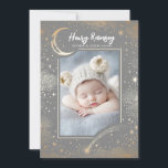 Stars Celestial Cute Grey Newborn Photos Birth Announcement<br><div class="desc">Your precious little one’s photo shines at the heart of this dreamy design, surrounded by a shimmering moon, twinkling constellations, and a shooting star—a symbol of the wish that has finally come true. Soft grey and gold tones set a fairy tale-like scene, celebrating the arrival of your baby boy in...</div>