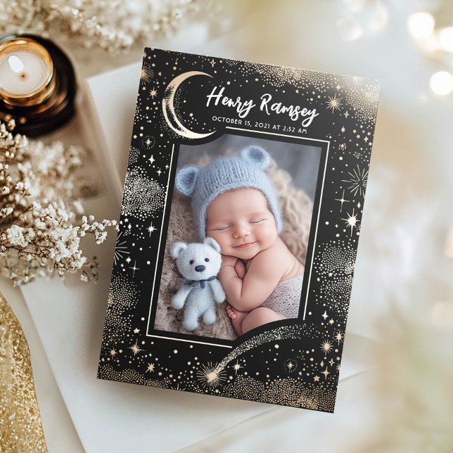 Stars Celestial Cute Newborn Photos Birth Announcement (Moon and Stars Black Birth Announcement Photo Card)