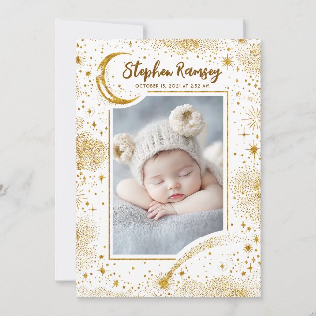 Stars Celestial Cute White Newborn Photos Birth Announcement (Front)