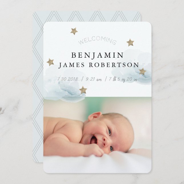 Stars & Clouds Boy Blue Birth Announcement Card (Front/Back)