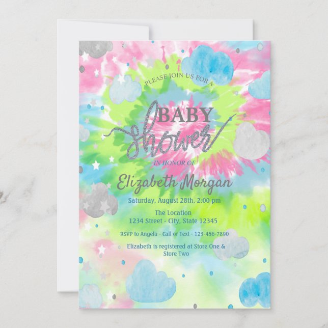  Stars & Clouds Colourful Tie Dye Baby Shower  Invitation (Front)