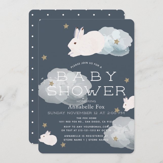 Stars & Clouds Flying Bunny Baby Shower Invitation (Front/Back)