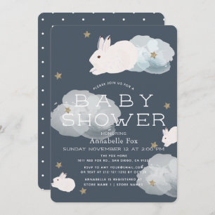 Stars & Clouds Flying Bunny Baby Shower Invitation