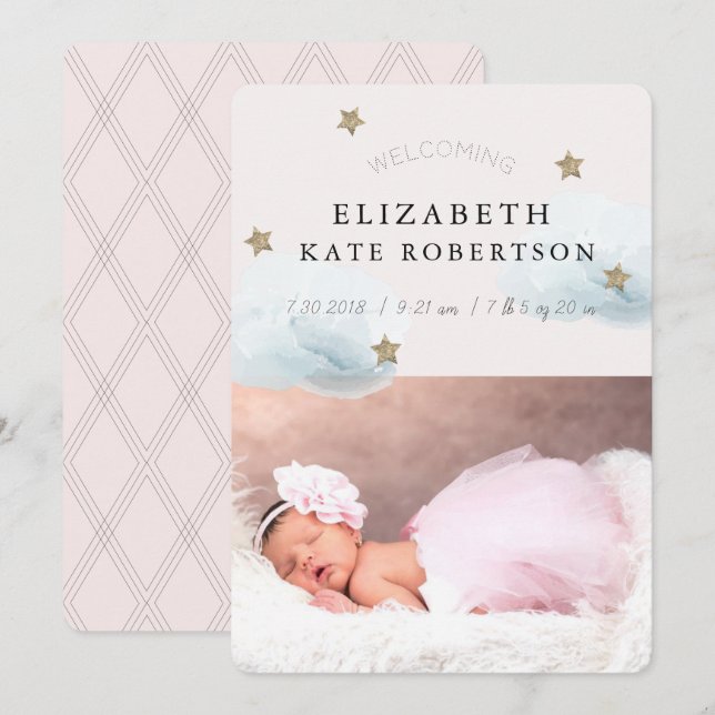 Stars & Clouds Girl Pink Birth Announcement Card (Front/Back)
