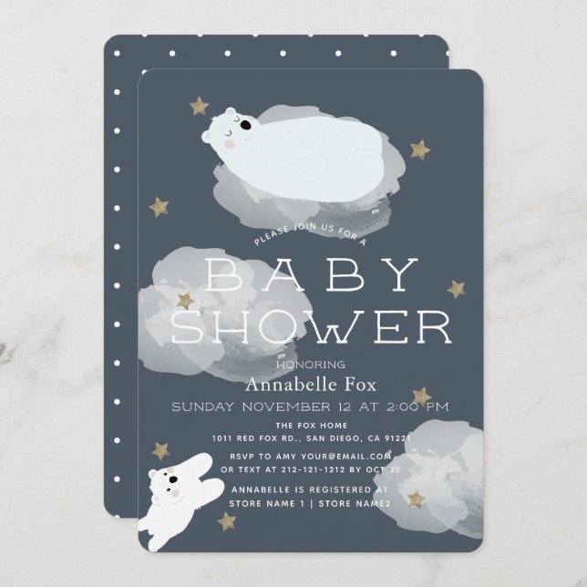 Stars & Clouds Polar Bears Baby Shower Invitation (Front/Back)