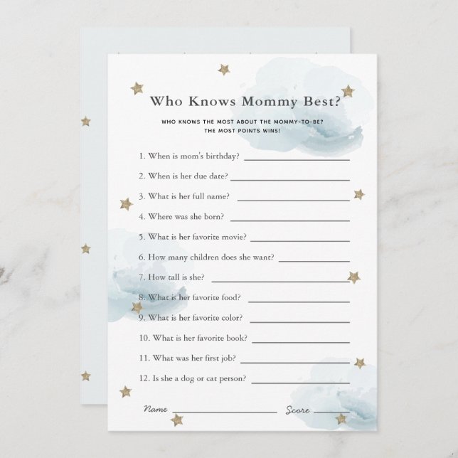 Stars & Clouds Who Knows Mum Shower Game Blue Card (Front/Back)