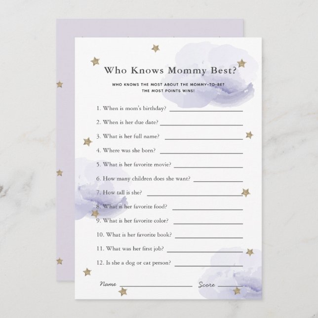 Stars & Clouds Who Knows Mum Shower Game Lavender Invitation (Front/Back)