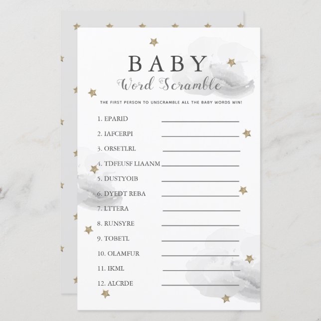 Stars & Clouds Word Scramble Baby Shower Grey Game (Front/Back)
