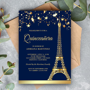 Stars Confetti Gold Foil Eiffel Tower Quinceanera Invitation