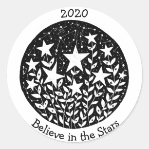 Stars & Constellations Flower Garden in Sky B/W Classic Round Sticker