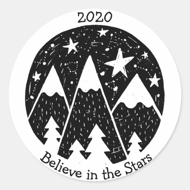 Stars & Constellations Snowy Mountains Pine B/W Classic Round Sticker (Front)