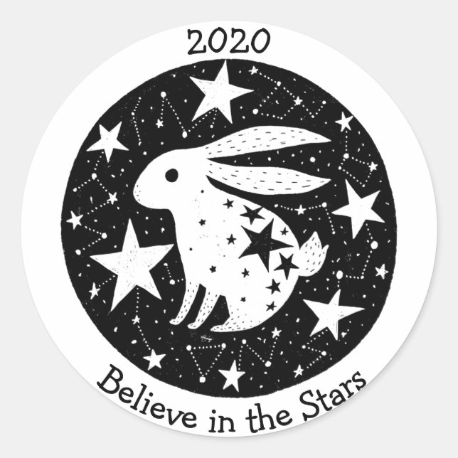 Stars & Constellations Starry Bunny Rabbit B/W Classic Round Sticker (Front)