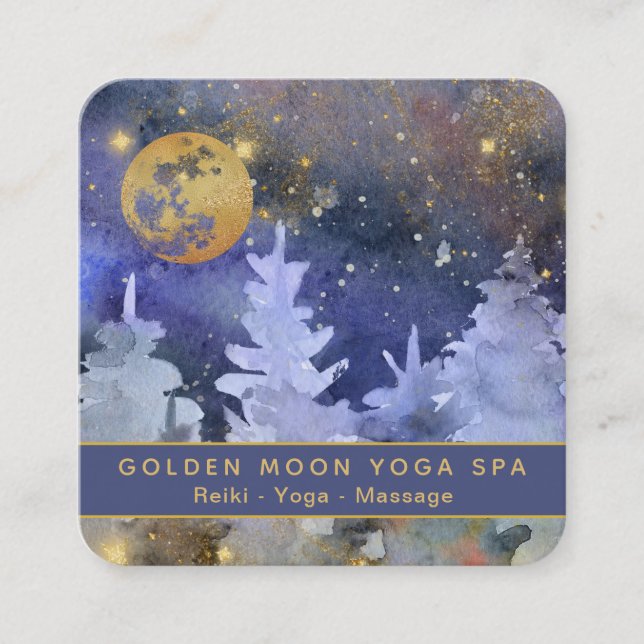 *~* Stars Cosmos Gold Moon Glitter Pine Trees Square Business Card (Front)