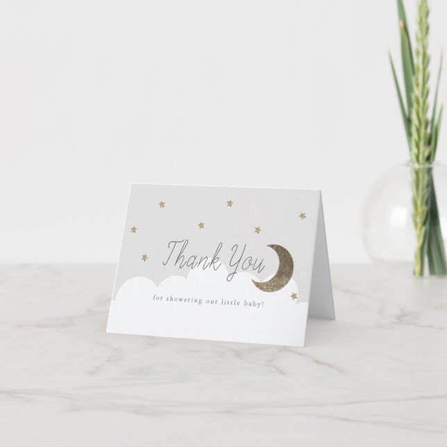 Stars & Crecsent Moon Baby Shower Grey Thank You Card (Front)