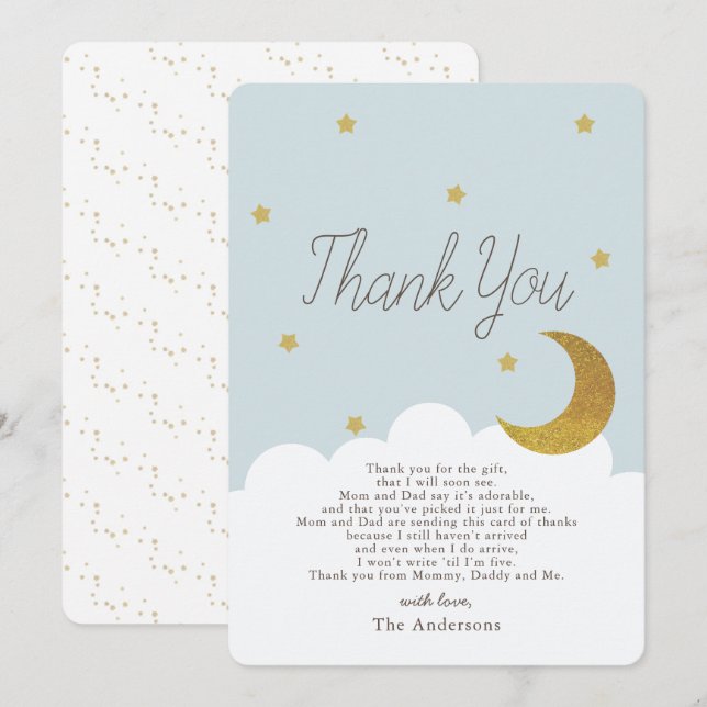 Stars & Crecsent Moon Blue Baby Shower Thank You Invitation (Front/Back)