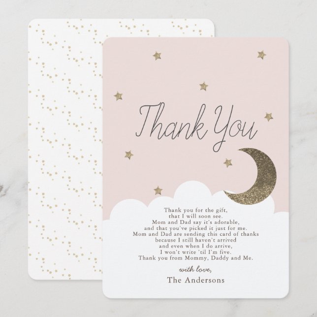 Stars & Crecsent Moon Pink Baby Shower Thank You I Invitation (Front/Back)