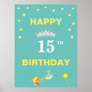Stars, Crown Tiara & Magic Lamp 15th Birthday Poster