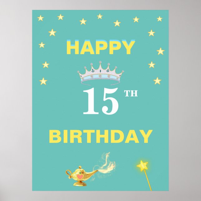 Stars, Crown Tiara & Magic Lamp 15th Birthday Poster (Front)