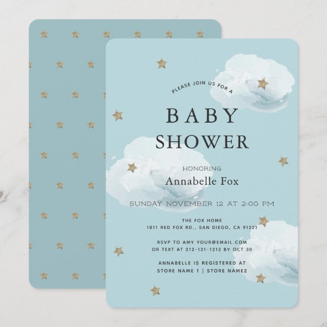 Stars & Fluffy Clouds Blue Baby Shower Invitation (Front/Back)