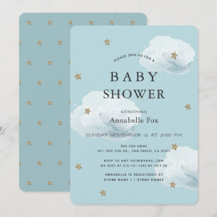 Stars & Fluffy Clouds Blue Baby Shower Invitation